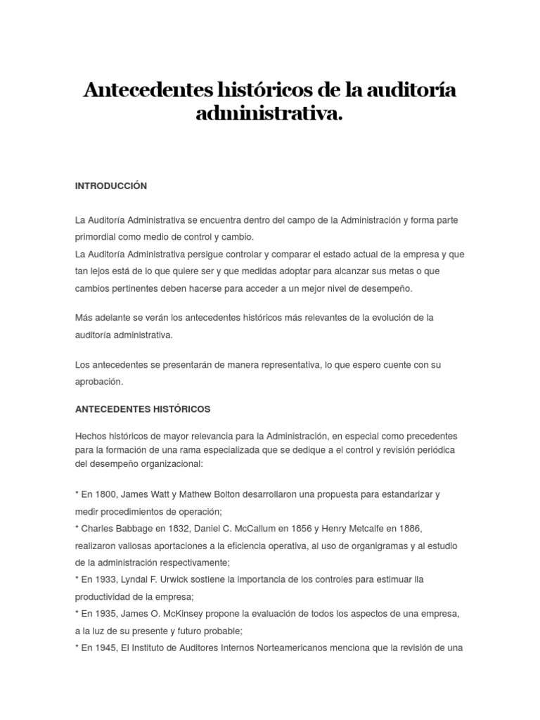 Antecedentes Históricos de La Auditoría Administrativa PDF Evaluación Business