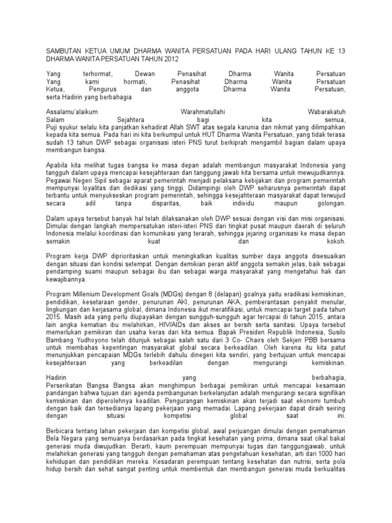 Sambutan Ketua Umum Dharma Wanita Persatuan Pada Hari Ulang Tahun Ke 13 Dharma Wanita Persatuan Tahun 2012 Pdf