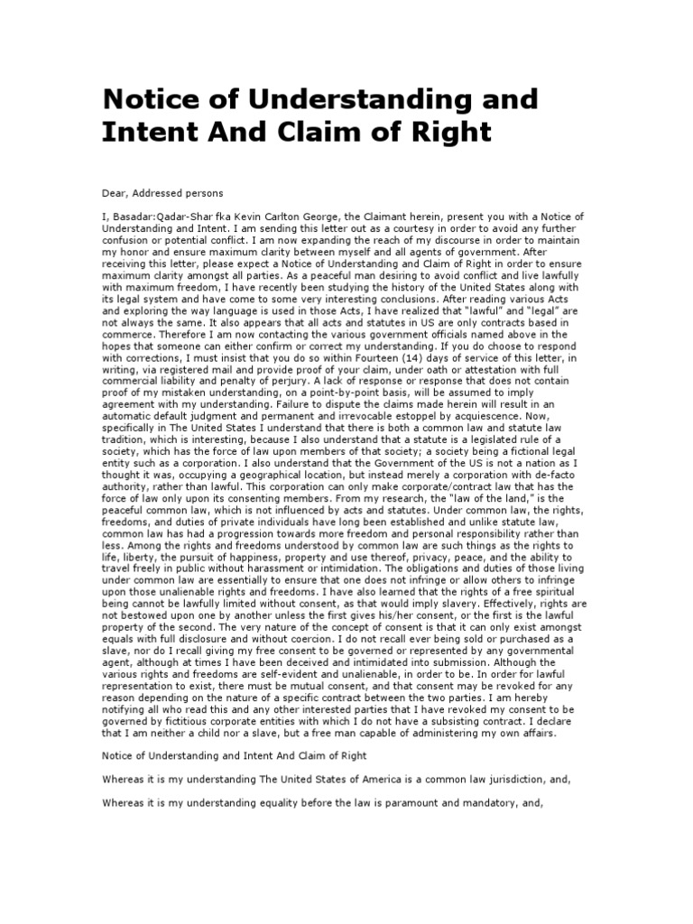 Notice of Understanding and Claim of Right | PDF | Natural And Legal ...