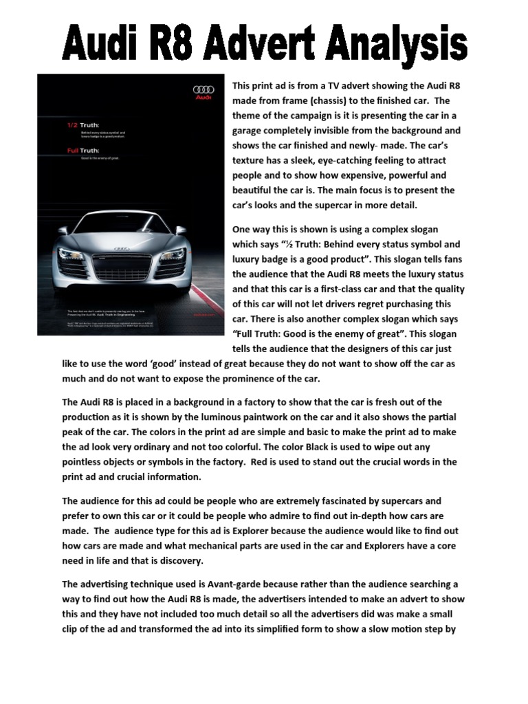 Audi R8 Advert Analysis by Masum Ahmed 10P | PDF | Audi | Advertising