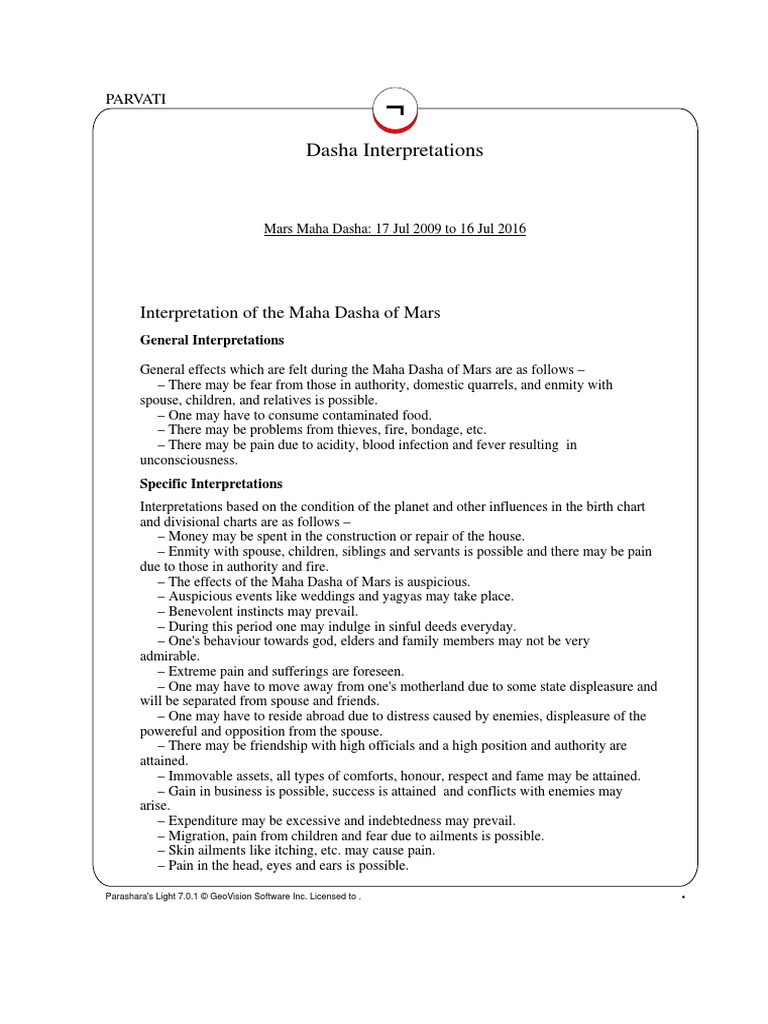 Dasha Interpretations Interpretation of The Maha Dasha of Mars PDF