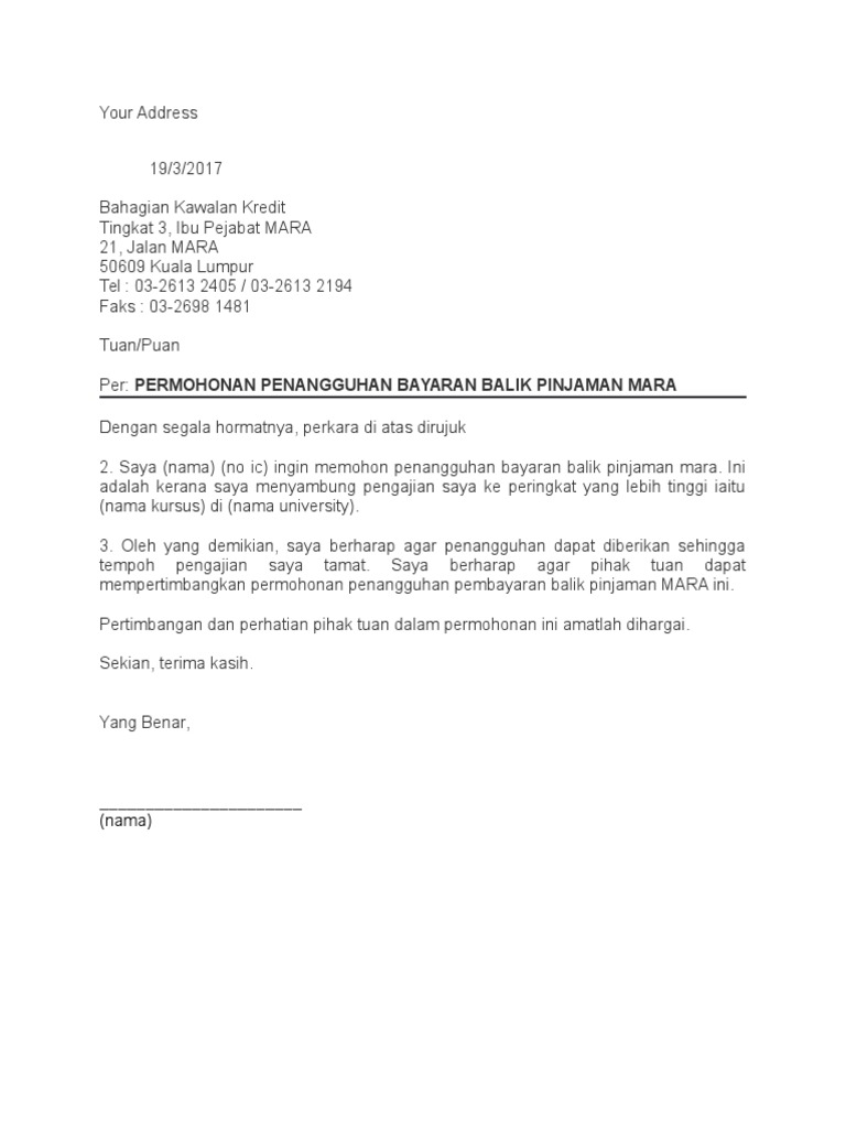 Contoh Surat Penangguhan bayaran balik Mara