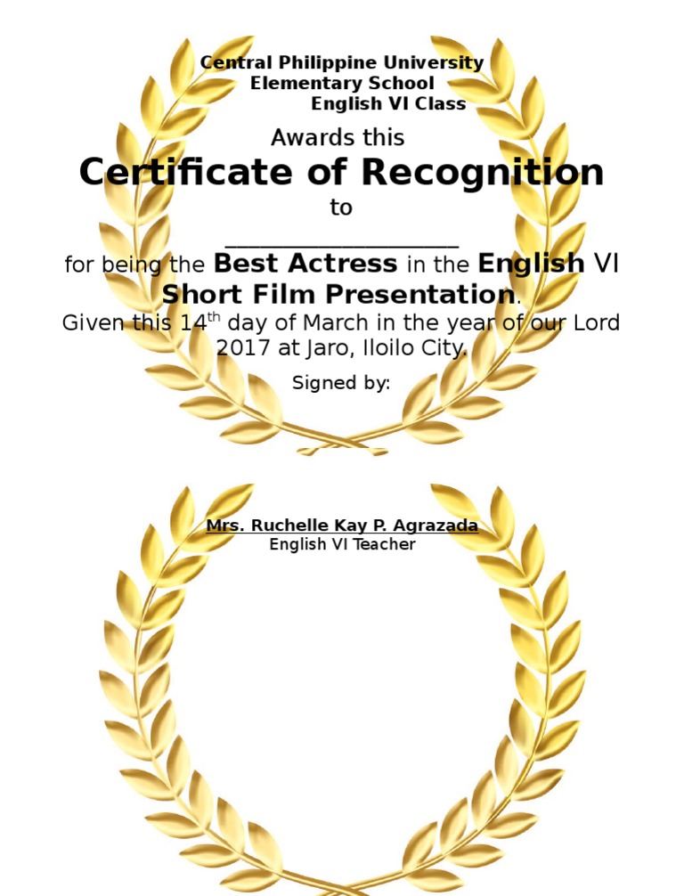 Certificate of Recognition: Best Actress English VI Short Film