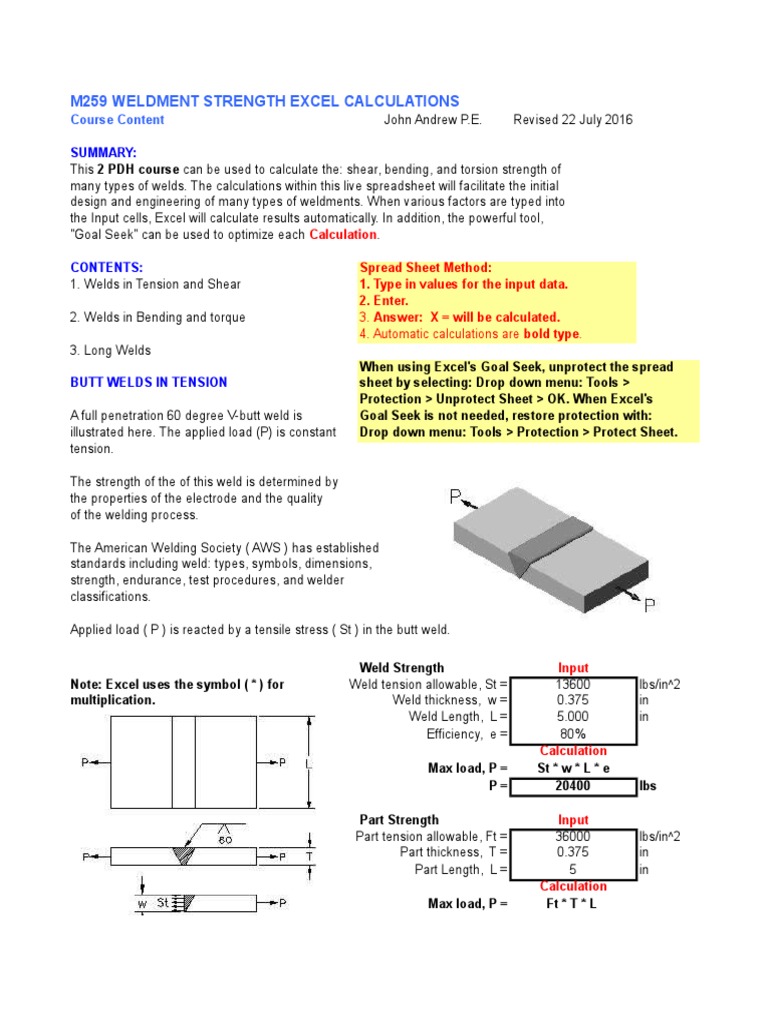 Weldment Strength Excel Calculations Bending Beam (Structure)