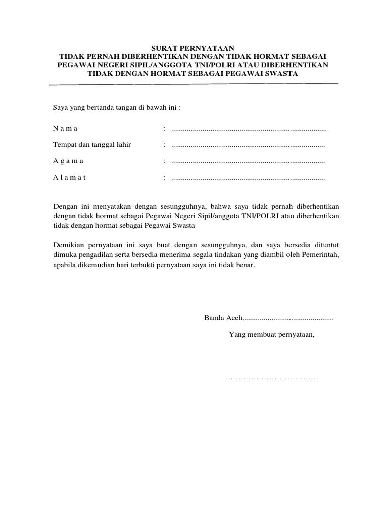 Contoh Surat Pernyataan Tidak Pernah Dihukum Penjara