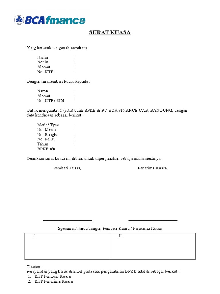Bca Finance  Surat Kuasa