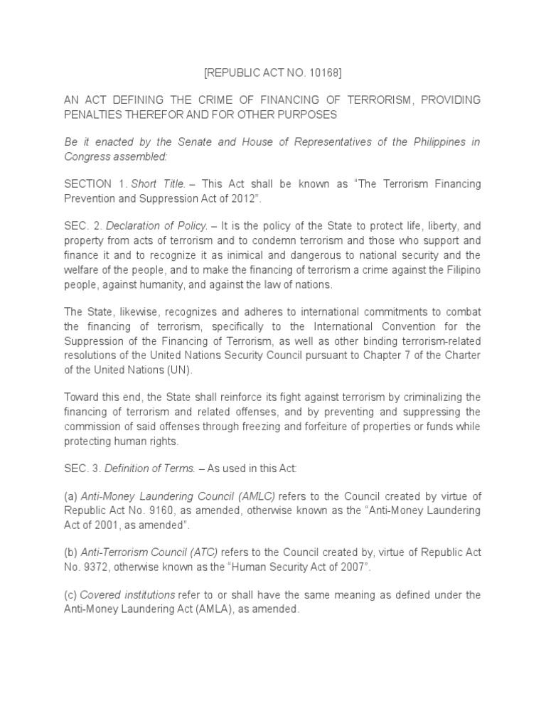 Republic Act No Ra 10168 | PDF | Money Laundering | Asset Forfeiture