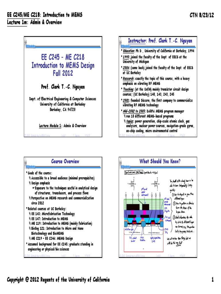 EE C245 - ME C218 Introduction To MEMS Design Fall 2012: Instructor ...
