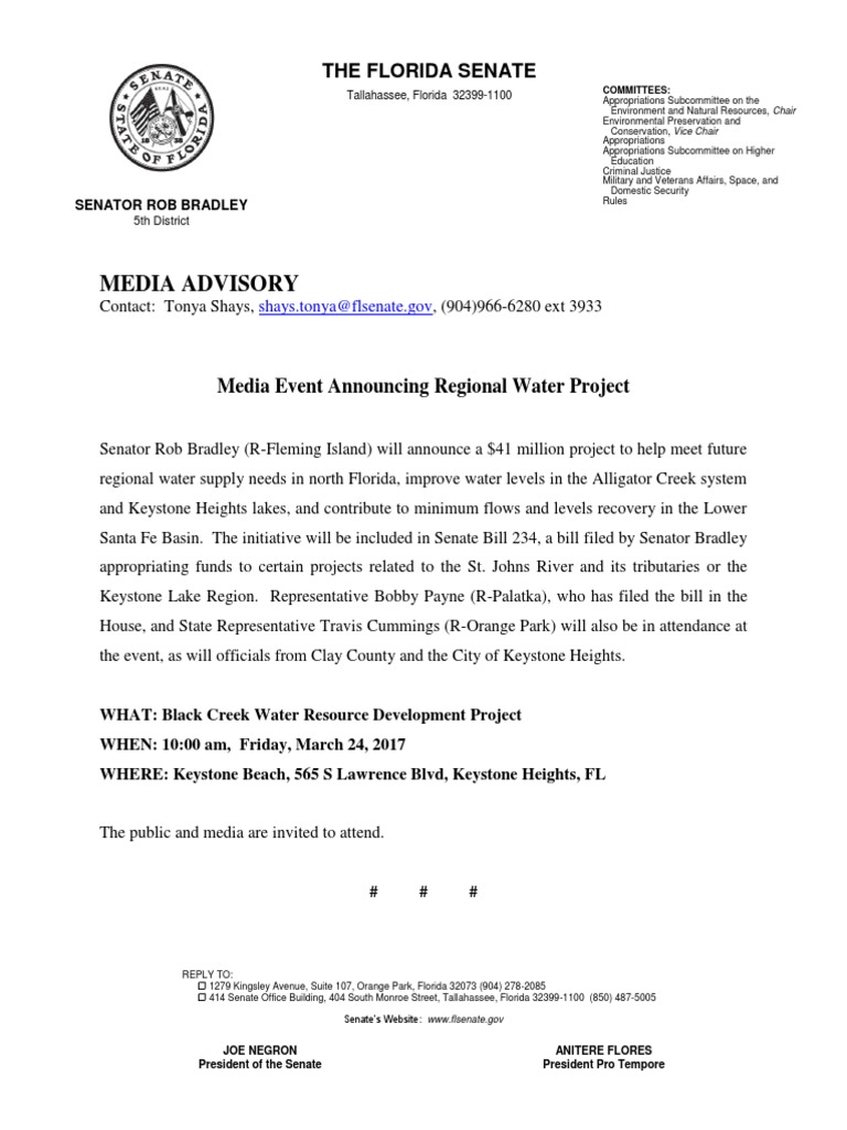 Media Advisory Black Creek Water Event PDF Florida Hydrology