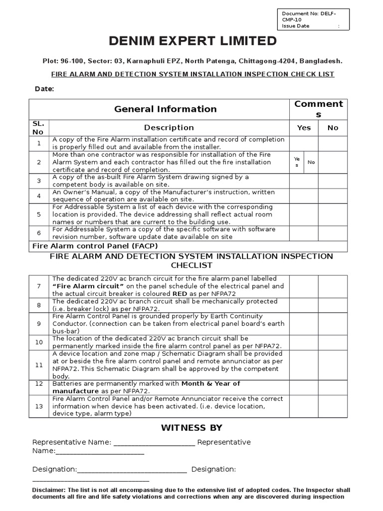 Fire Alarm Inspection Checklist | PDF | Fire Sprinkler System | Equipment