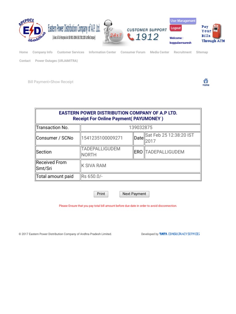 Eastern Power Distribution Company of AP LTD PDF Receipt Services