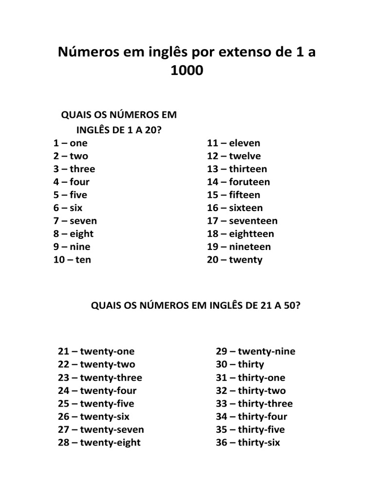 Números Em Inglês Por Extenso de 1 a 1000 | PDF