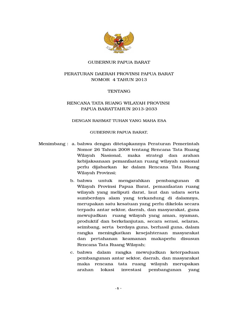 Perda RTRW Provinsi Papua Barat (Versi Terakhir Di Biro Hukum) | PDF