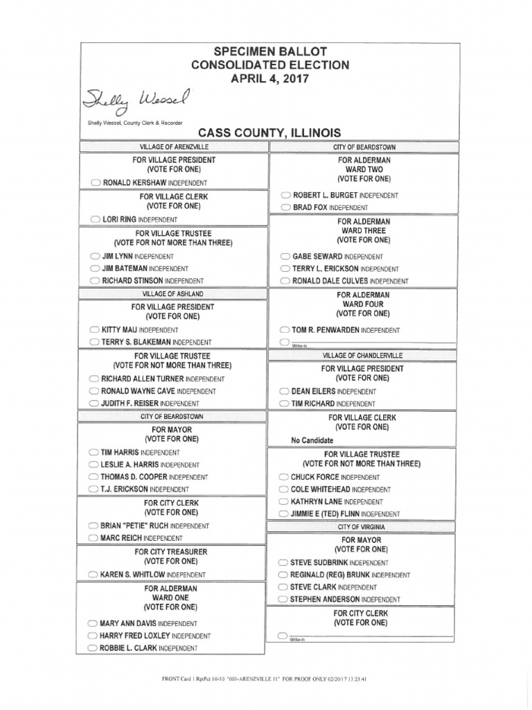 Cass County IL ballot April 2017