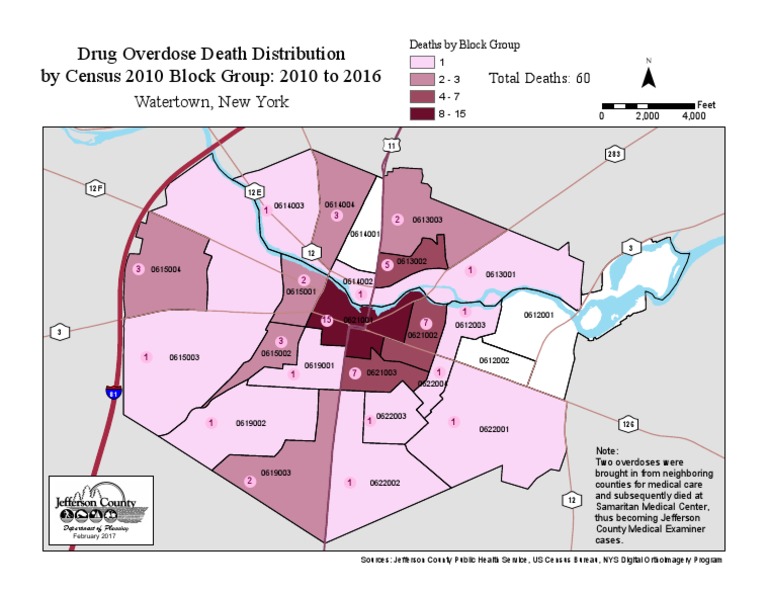 Overdose map of Watertown NY by Block Group 2010 to 2016 Health Care