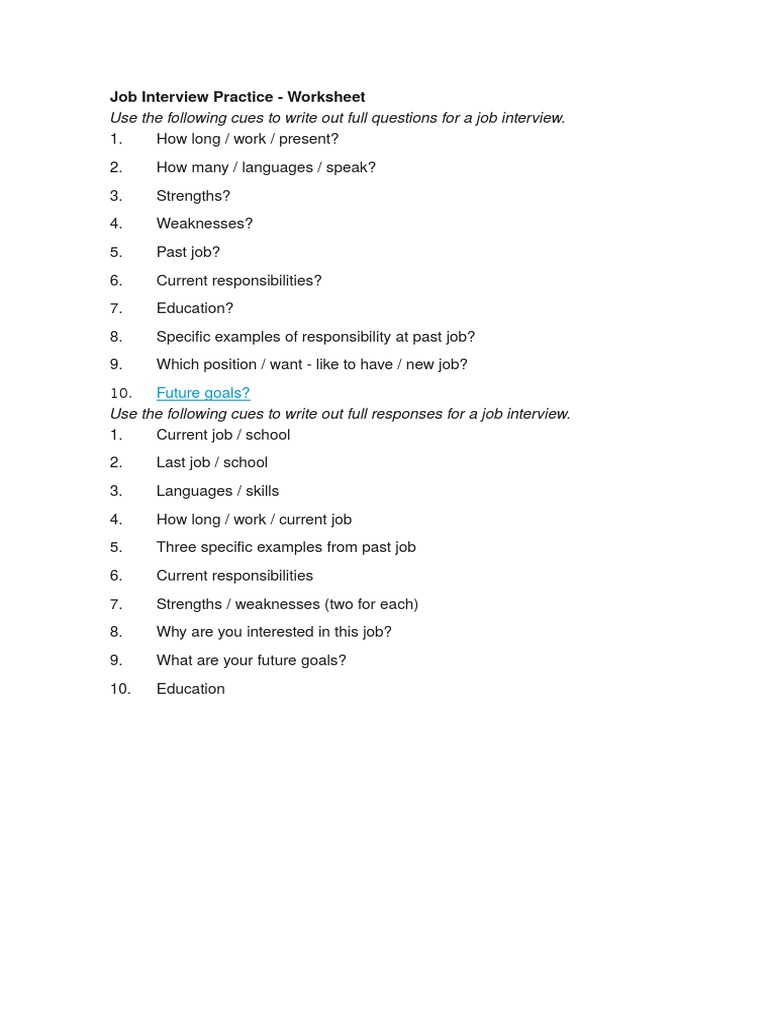 Use The Following Cues To Write Out Full Questions For A Job Interview ...
