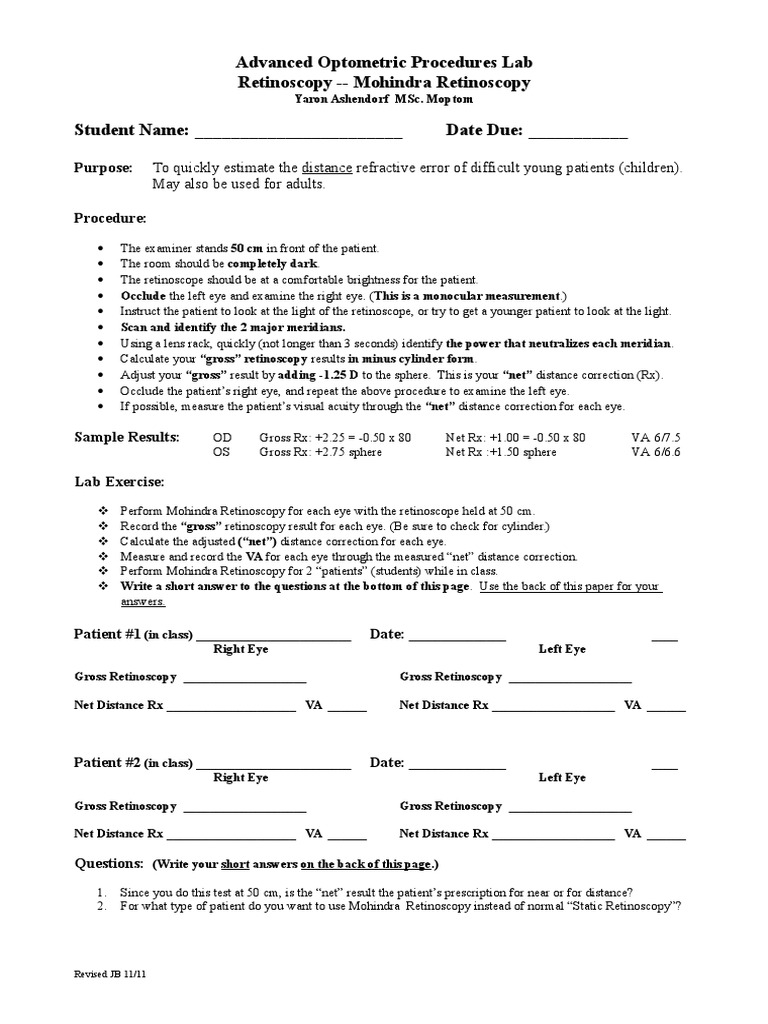 Advanced Optometric Procedures Lab Retinoscopy Mohindra Retinoscopy