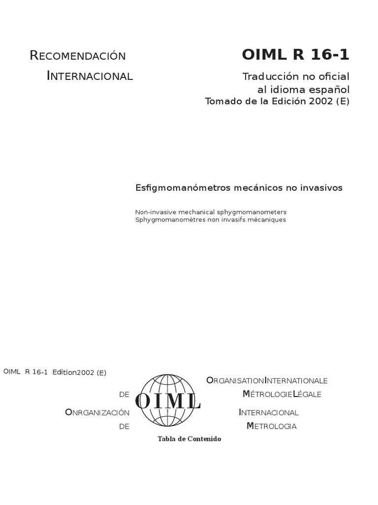Recomendación OIML R 16-1: Esfigmomanómetros | PDF | Presión sanguínea ...