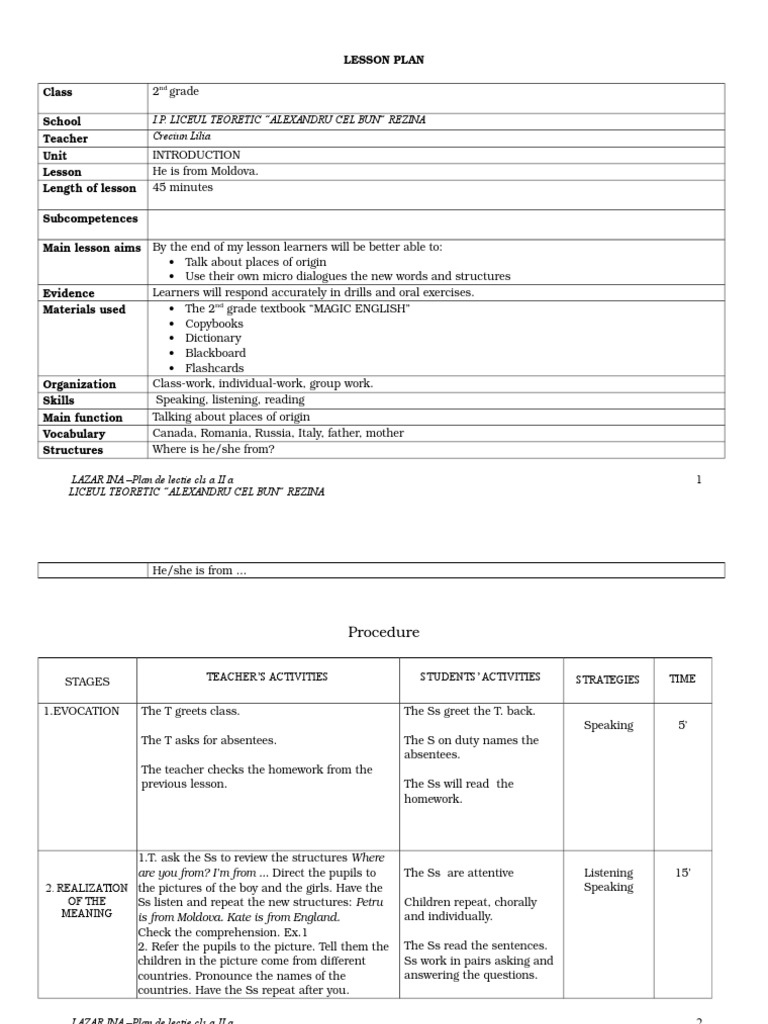 HE Is From! Lesson Plan 2nd Form | PDF | Reading Comprehension | Lesson ...