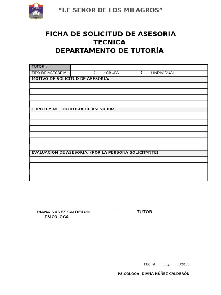 Ficha De Solicitud De Asesoria Tecnica Departamento De Tutoría