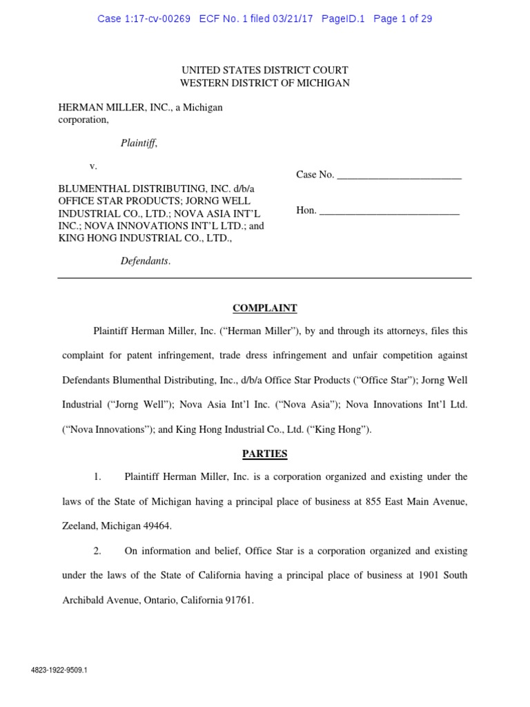 Herman Miller v. Blumenthal - Complaint | PDF | Trade Dress | Patent
