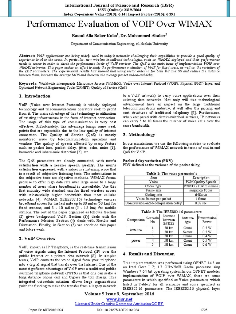 Performance Evaluation VoIP Over WIMAX | PDF | Voice Over Ip | Quality ...