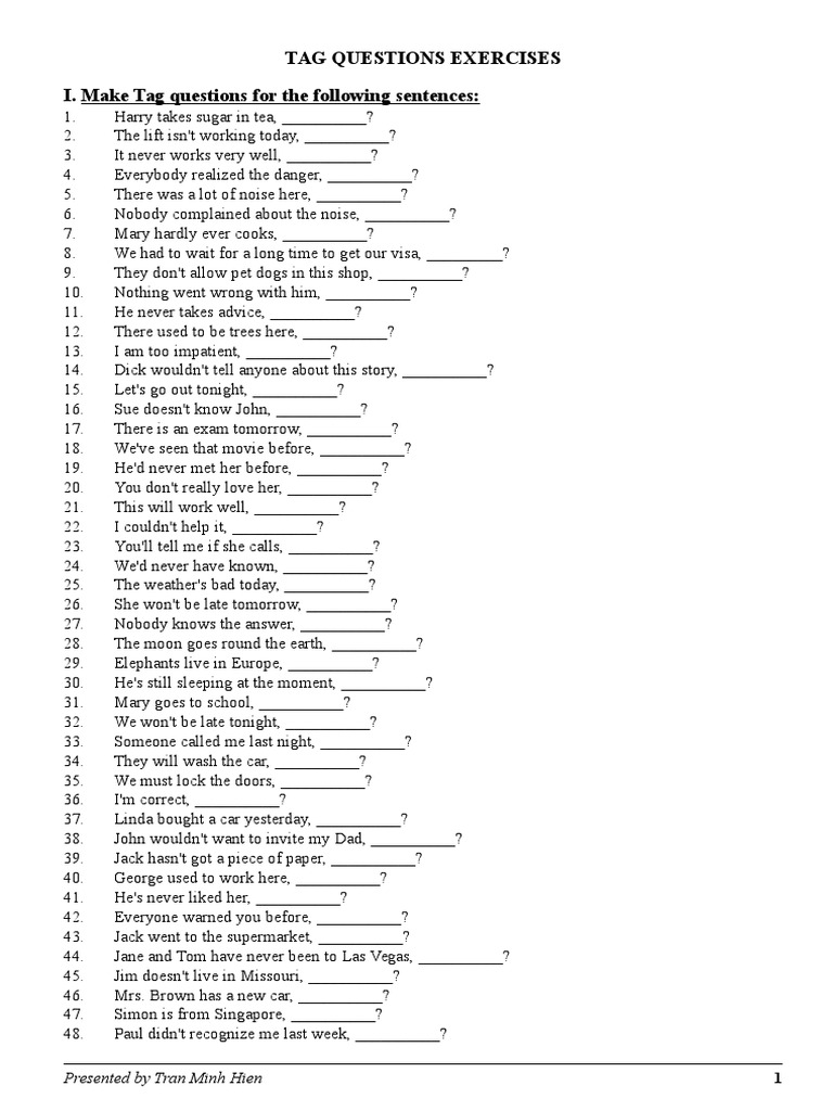 Tag Questions Exercises | PDF