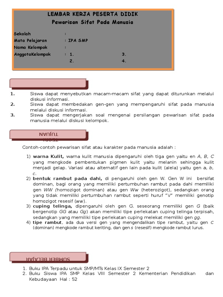 Soal Dan Jawaban Pewarisan Sifat Pada Manusia Kelas 9