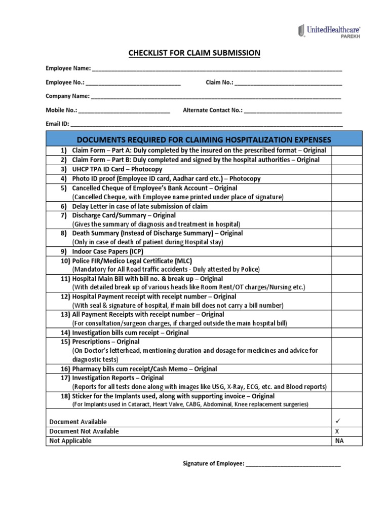 Hospitalization Claim Submission Checklist | PDF | Finance & Money ...