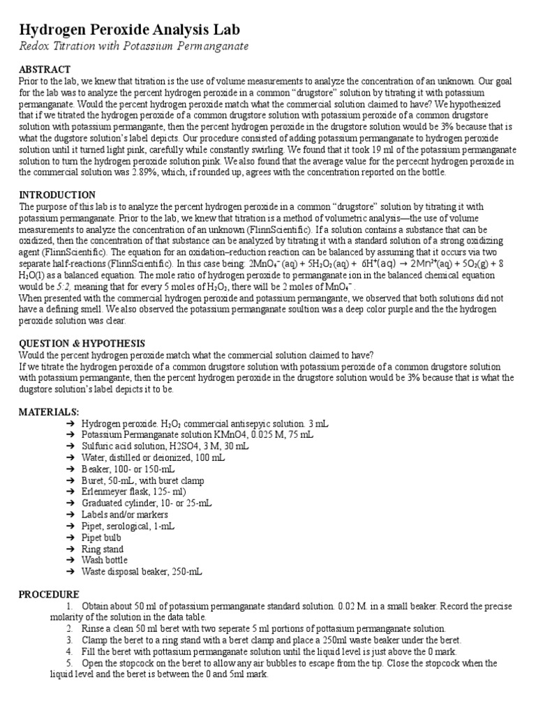 Hydrogen Peroxide Analysis Lab Redox Titration With Potassium