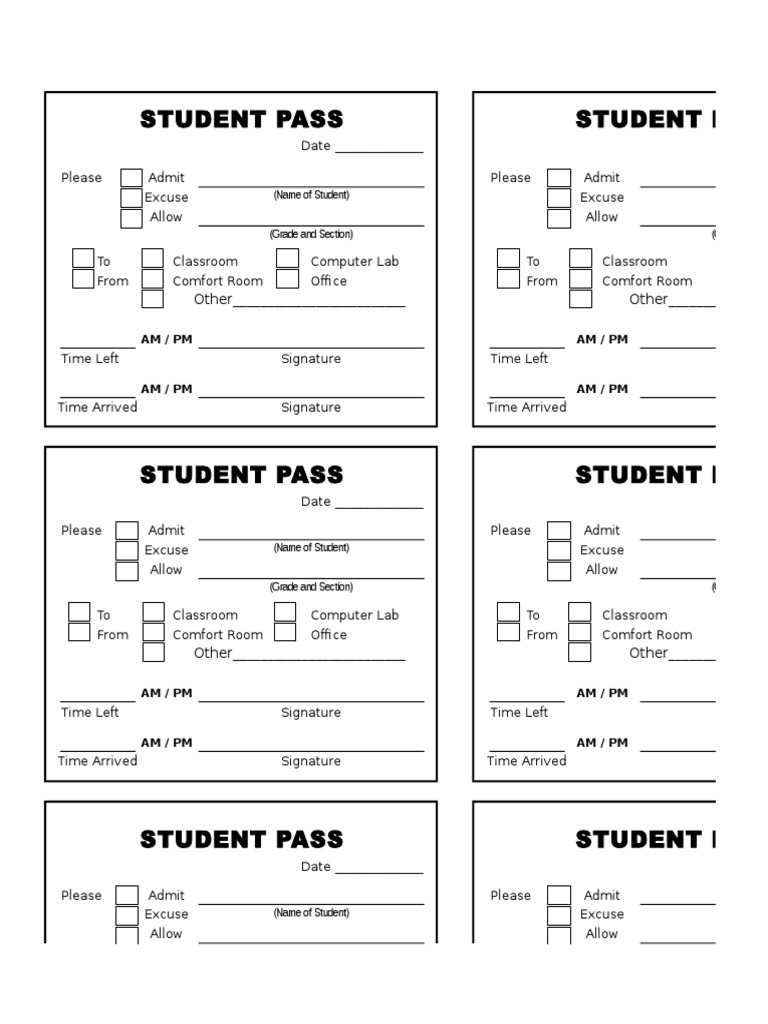 Student Pass Student Pass Other Other PDF Classroom Life Skills