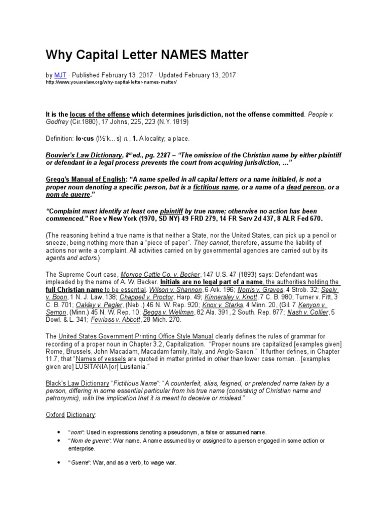 Why Capital Letter NAMES Matter Complaint Public Law