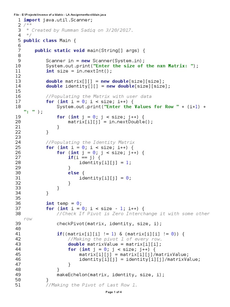 Inverse of NxN Matrix in Java (by Augmenting the matrix with Identity ...