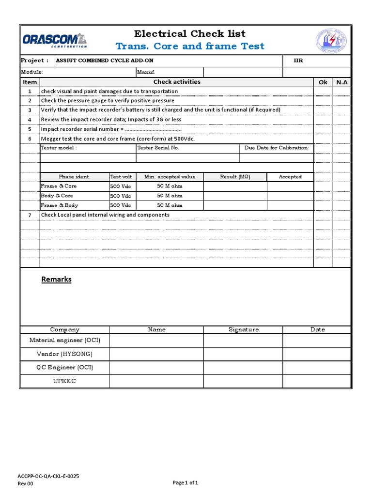 Transformer Electrical Checklist | PDF