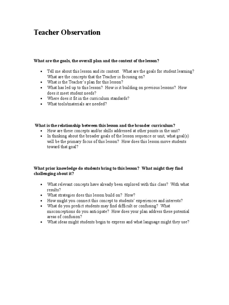 Teacher Observation PDF Teachers Goal