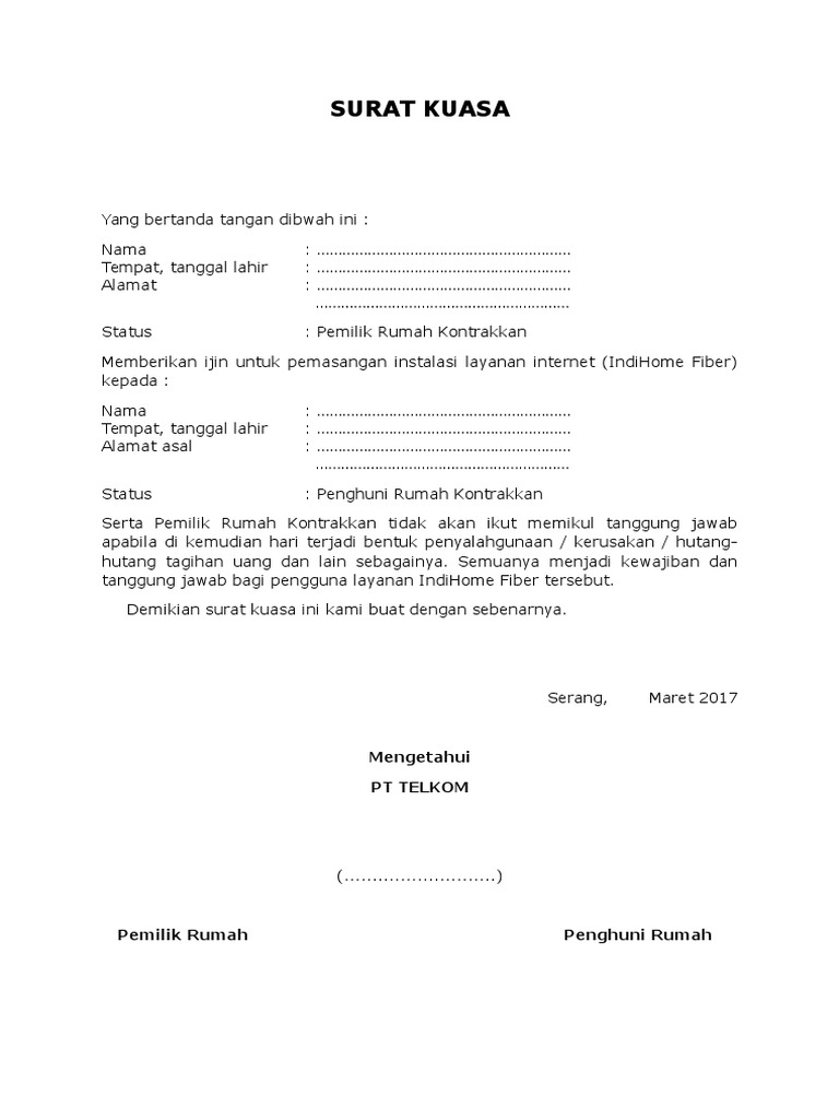 Contoh Surat Kuasa Instalasi Layanan Indihome Fiber