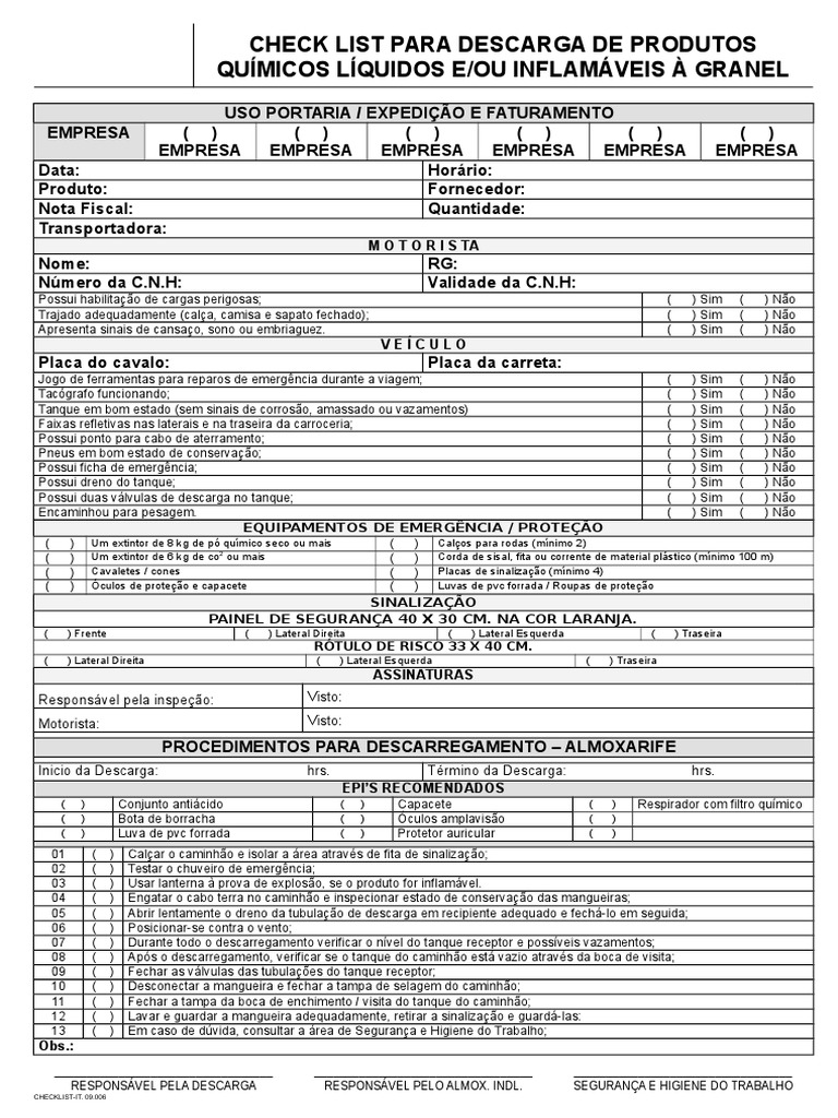 Checklist Para Descarga de Produtos Qumicos | Indústrias | Engenharia
