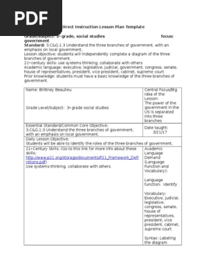 Social Studies Lesson Plan Separation Of Powers Educational