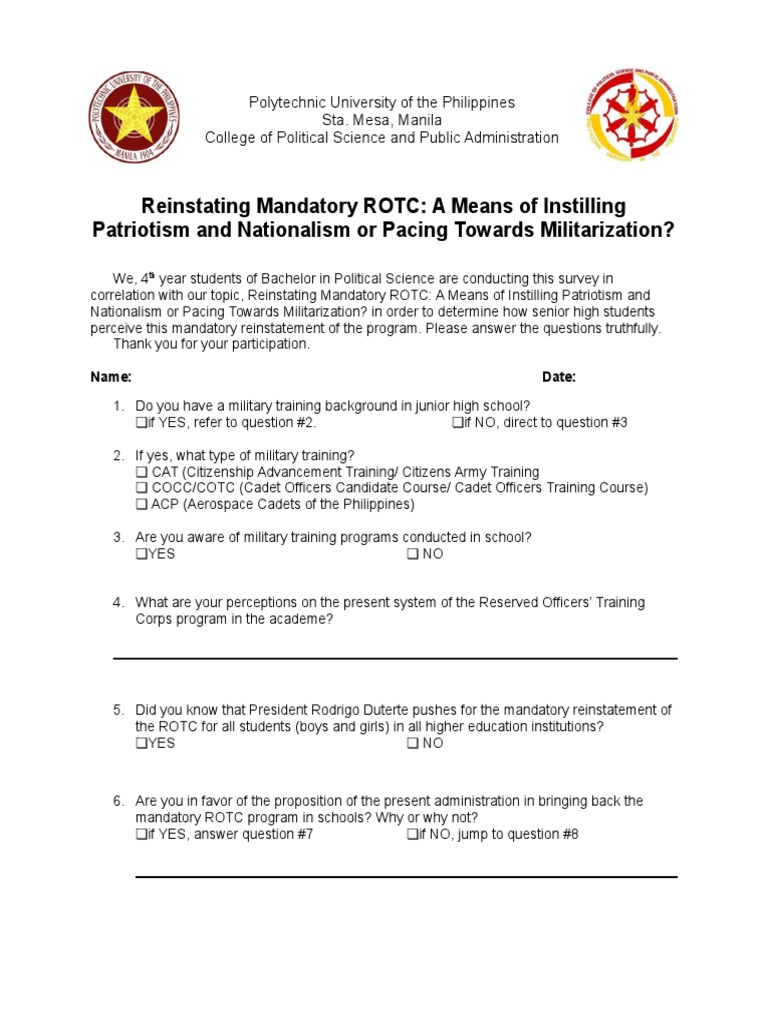 Questionnaire | PDF | Reserve Officers' Training Corps | Cadet