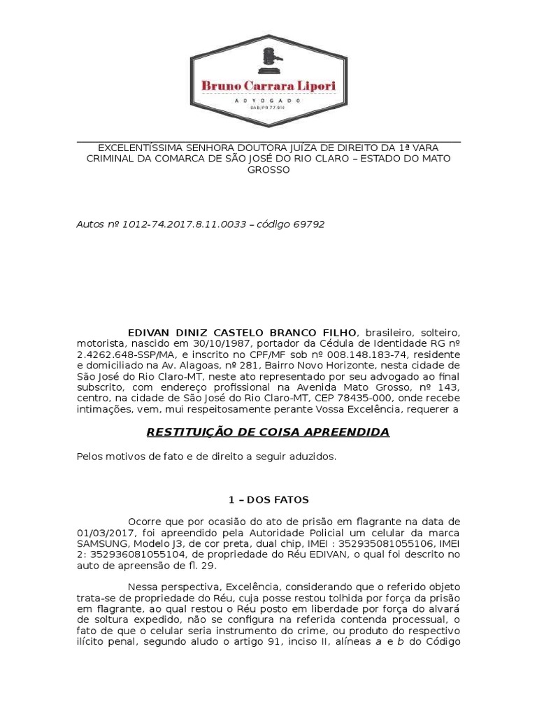Modelo De Restituição De Coisa Apreendida - Vários Modelos