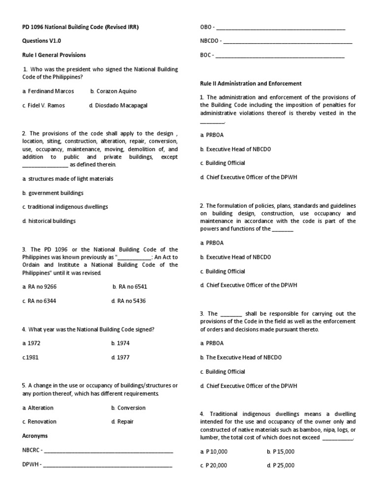 PD 1096 Building Code Quiz Questions | PDF | Wall | Door