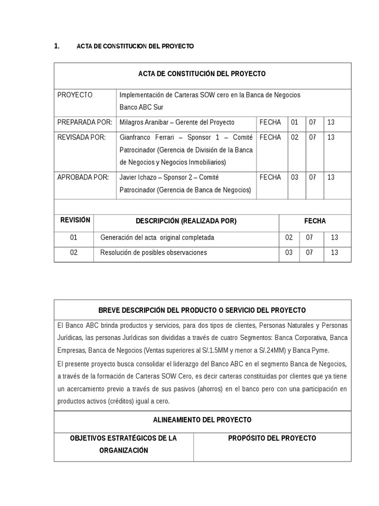 U3 Ejemplo Acta de Constitucion Del Proyecto Ejemplo 1 | PDF | Bancos ...