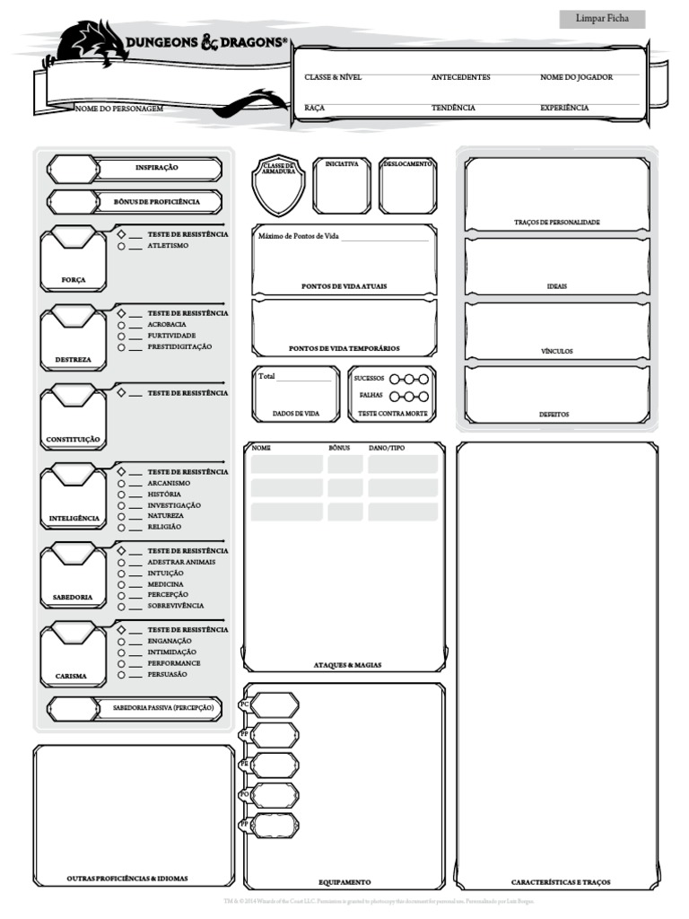 Ficha D&D 5e (Editável) Luiz