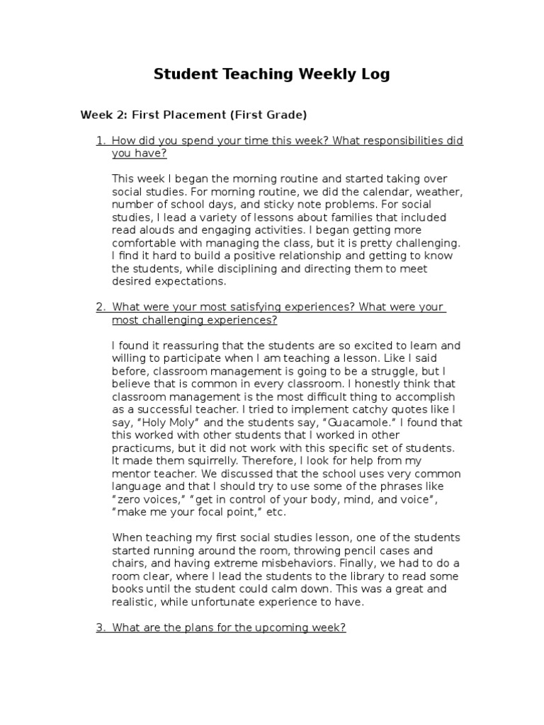 Student Teaching Weekly Log: Week 2: First Placement (First Grade ...