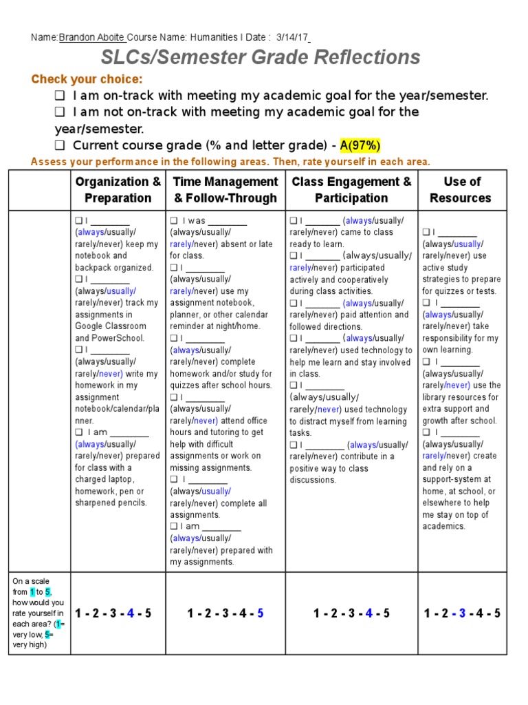 Academic Self-Reflection and Goals | PDF | Homework | Educational ...