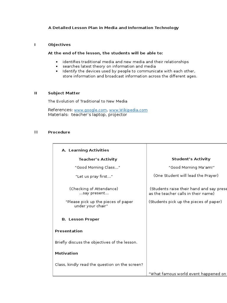 A Detailed Lesson Plan in Media and Information Technology | Lesson ...