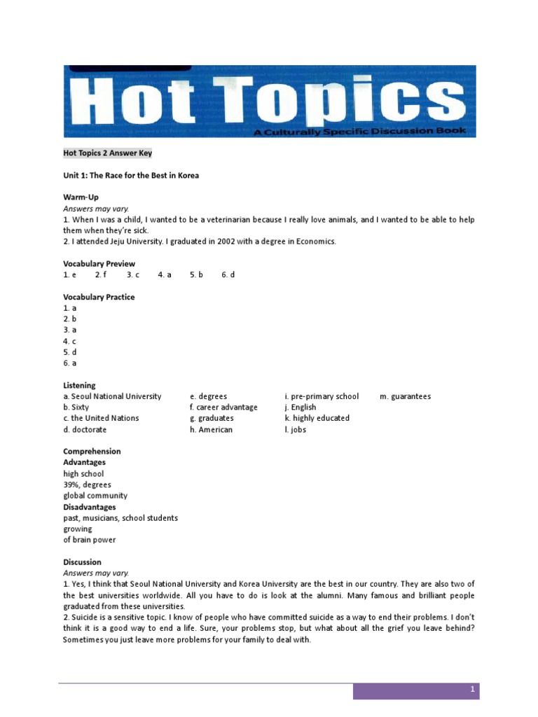 Hot Topics 2: Answer Key Overview | PDF | South Korea | World Politics