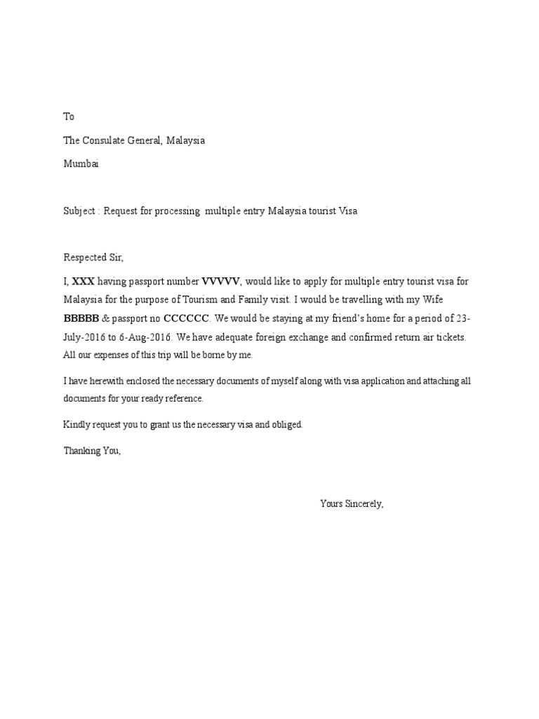 sample cover letter for visa application malaysia