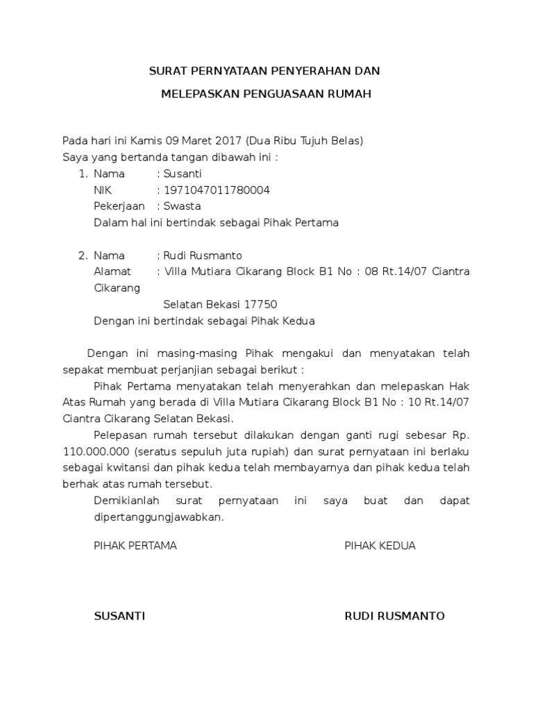 Surat Pernyataan Penyerahan Dan Melepaskan Rumah