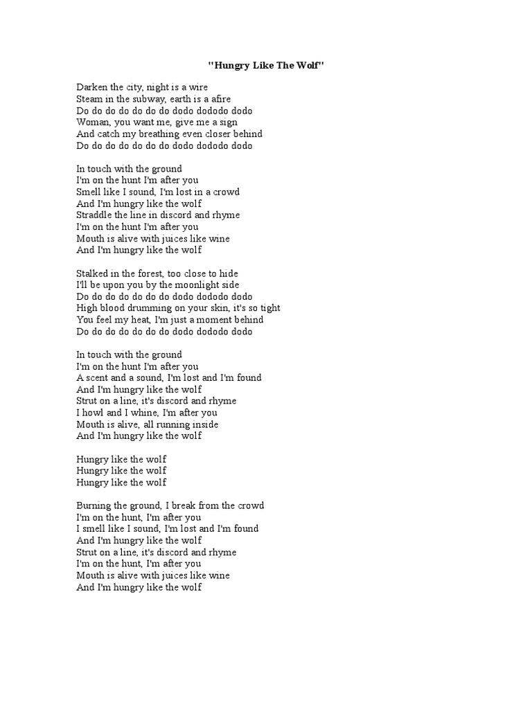 Hungry Like The Wolf Lyrics Pdf Wolves Canis Lupus
